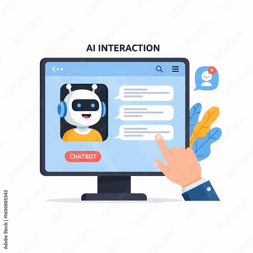 Fototapete a hand interacts with a computer screen displaying a chatbot with a friendly robot avatar and messag