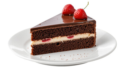A slice of chocolate cake with strawberries on a white plate against a black background is displayed .