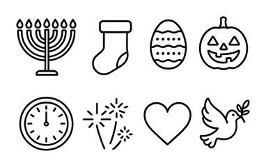 Holiday Symbol Icons. Outline icon set of holiday symbols: menorah, Christmas stocking, Easter egg,