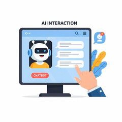 A hand interacts with a computer screen displaying a chatbot with a friendly robot avatar and message bubbles.