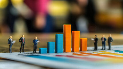 Miniature people, small figures businessmen stand on top of colorful wood block with circle graph. Money, Financial, Business Growth concept. 3d illustration.
