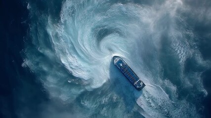 The vessel rolls side to side against a backdrop of swirling clouds water splashing against its hull highlighting the energetic flow patterns created by the wind and sea as it battles
