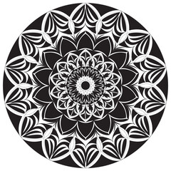 circular floral mandala design in black line art style for decorative and artistic use
