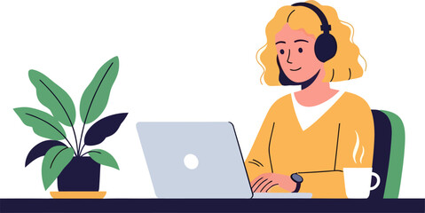 Blonde woman with headphones working on a laptop with coffee and plant.