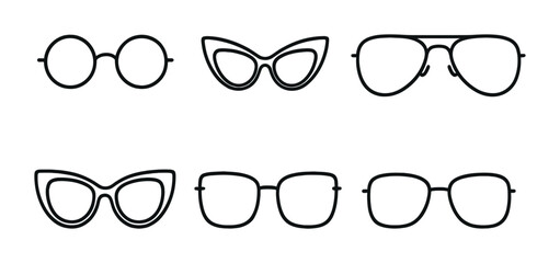 Retro Eyewear Icons. Outline icon set of retro eyewear: round glasses, cat-eye frames, aviator sunglasses,