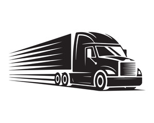  speeding semi truck with motion lines Black and white vector illustration