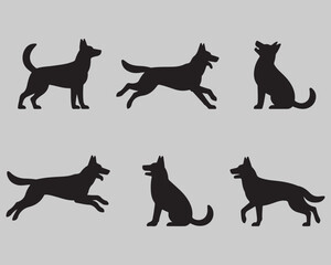 Black Dog Silhouettes in Various Poses on a Light Gray Background