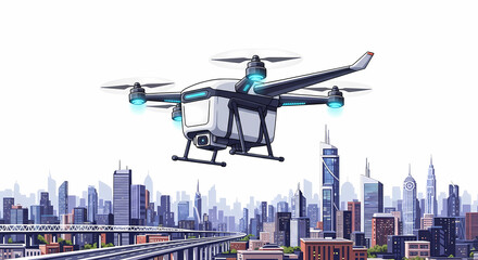 A futuristic delivery drone flies over a cityscape with skyscrapers and an elevated roadway, showcasing advanced technology and urban logistics.