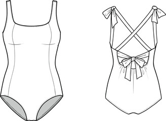 Swimsuit technical drawing, one-piece sketch, scoop neckline, crisscross straps, bow tie detail, fashion flat, garment blueprint, swimwear design, apparel template, clothing layout, fashion CAD, swims