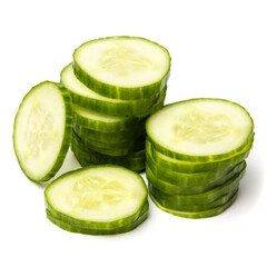Photo of sliced green ripe natural organic cucumber isolated on white background
