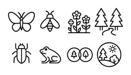 Biodiversity Icons Collection. Outline icon set of biodiversity corridors: butterfly, pollinator, flower patch