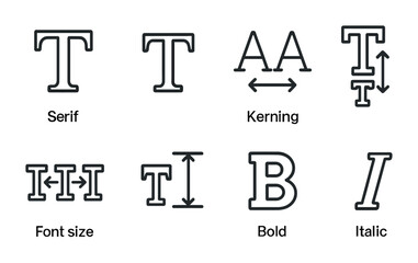 Typography Icon Set. Outline icon set of Typography basics: serif font, sans-serif font, kerning, leading,