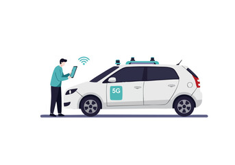 A man monitors a 5G connected autonomous vehicle with a tablet. Modern technology, connected car, future mobility. Clean, digital illustration.