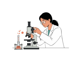 A female scientist examines a sample under a microscope in a lab setting. She wears a white lab coat and glasses, focused on her work. Clean, modern illustration.