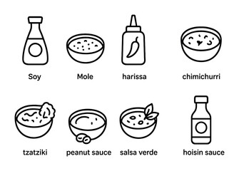 Traditional Sauce Icons. Outline icon set of Traditional sauces: soy sauce, mole, harissa, chimichurri,