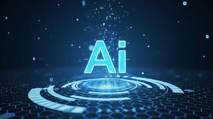 Futuristic AI Animation: Glowing Blue Letters Emerge from Digital Hexagon Grid - Powered by Adobe