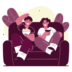 Two happy friends enjoying snacks and drinks while relaxing together on a comfortable couch