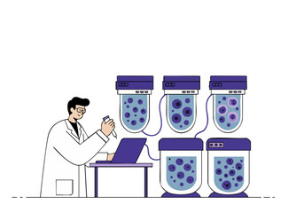 A scientist monitors cell cultures in a lab, analyzing data on a laptop. Modern, clean, and professional. Ideal for science, technology, and research themes.