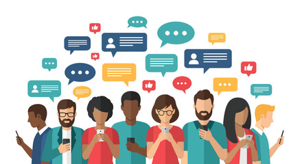 Diverse group of people using smartphones with speech bubbles and like icons.