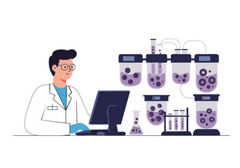 A scientist monitors cells in a lab, observing data on a computer screen. Modern, clean laboratory setting. Focus on scientific research and technology.