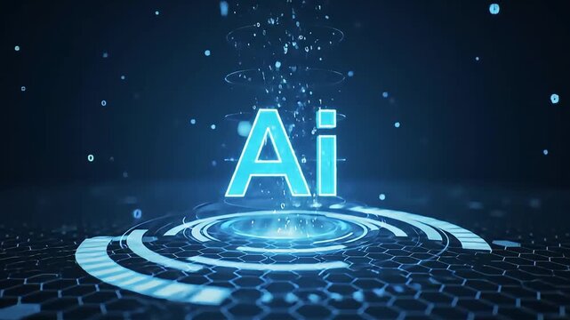 Futuristic AI Animation: Glowing Blue Letters Emerge from Digital Hexagon Grid - Powered by Adobe