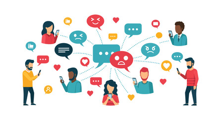 Diverse group using smartphones connected by social media emotion icons.