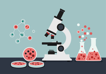 A vibrant lab scene showcases a microscope, petri dishes, and flasks. Scientific research and cell biology are highlighted in a clean, modern style. Perfect for educational or medical visuals.