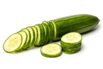 Photo of sliced green ripe natural organic cucumber isolated on white background