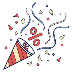Party hat with confetti and percentage symbols for celebration  