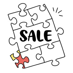 Puzzle piece with text sale in doodle style and bright colors  