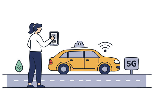 A woman uses a tablet to optimize a taxi's 5G connection. Modern urban setting, showcasing connectivity and smart transportation. Clean, bright illustration.