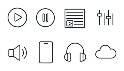 Music Streaming Icons. Outline icon set of Music streaming and digital playlists: play button, pause button,