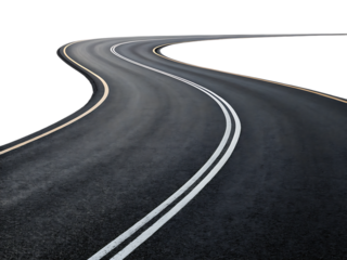 Winding asphalt road with double white lines curving through a dark background in a close up view