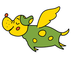 Unusual winged dog flies with eyes closed, dream