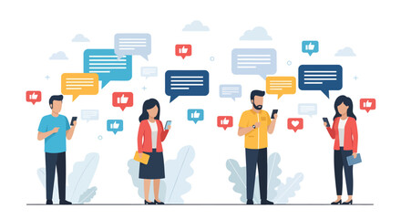 Diverse group using smartphones with speech bubbles and like icons around them.