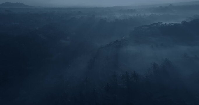 Top shot of rice terraces and jungles in Vietnam at night. Wide angle lens shot. Panoramic movement backward