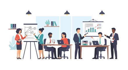Diverse team collaborating on business strategy with charts and graphs presentation.
