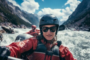 Exciting river rafting adventure on a sunny day in the mountains with friends