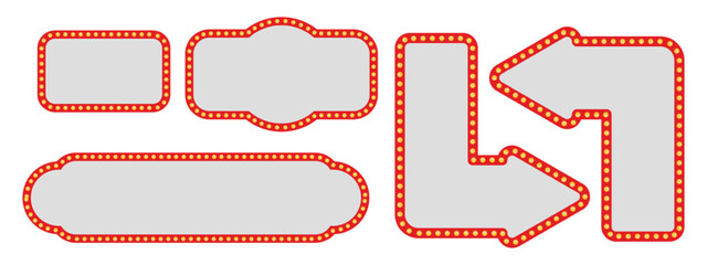 Marquee frames with red border, retro casino signboards with white background. Vintage circus banners with yellow light bulbs. Vector illutration.
