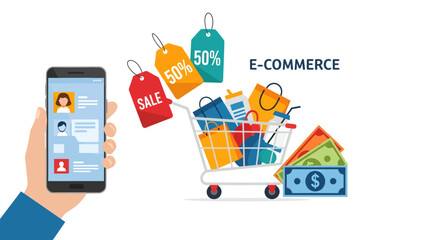 Ecommerce scene with mobile phone shopping cart sale tags and colorful money. © agra