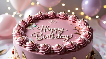 Gilded Celebration: A Velvety Pink Birthday Cake with Hand-Painted Florals & &lsquo;Happy Birthday&rsquo; Script in Edible Gold