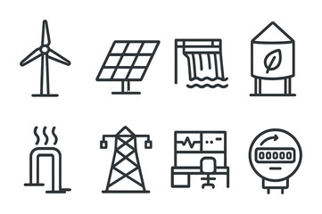 Low-Carbon Energy Icons. Outline icon set of low-carbon power stations: wind turbine, solar panel, hydro dam,