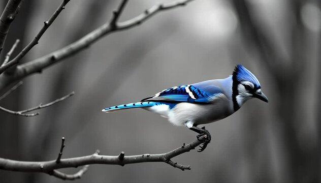 Blue jay jumping on branches