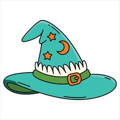 Light green magical wizard witch hat illustration for Halloween celebration. Outline art element collection great for masquerade and spooky themed artwork.