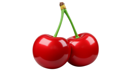 Two ripe red cherries with green stems hanging together isolated on transparent background