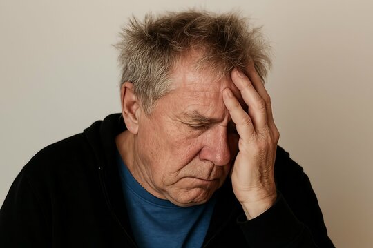 Elderly man with his hand on his forehead looking down with a pained or stressed expression against a plain background