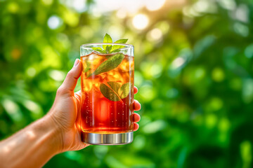 A hand holds a refreshing glass of iced tea with fresh mint. A cool, hydrating image for summer, wellness, and healthy lifestyle concepts.