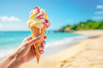 A hand holds a melting raspberry and lemon swirl ice cream cone on a tropical beach. A delicious and refreshing image of summer vacation, indulgence, and paradise.