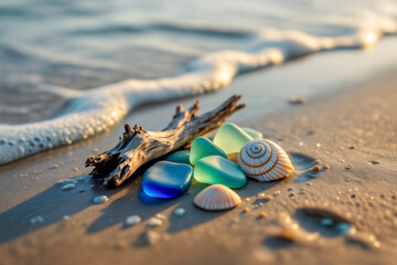 A beautiful arrangement of sea glass, seashells, and driftwood on a wet sandy beach. A serene image of nature's treasures, mindfulness, and peaceful moments.