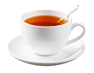  Close-Up of Tea Cup on Saucer with Engraved &lsquo;Mom Fuel&rsquo; Spoon, Front View, Transparent Background